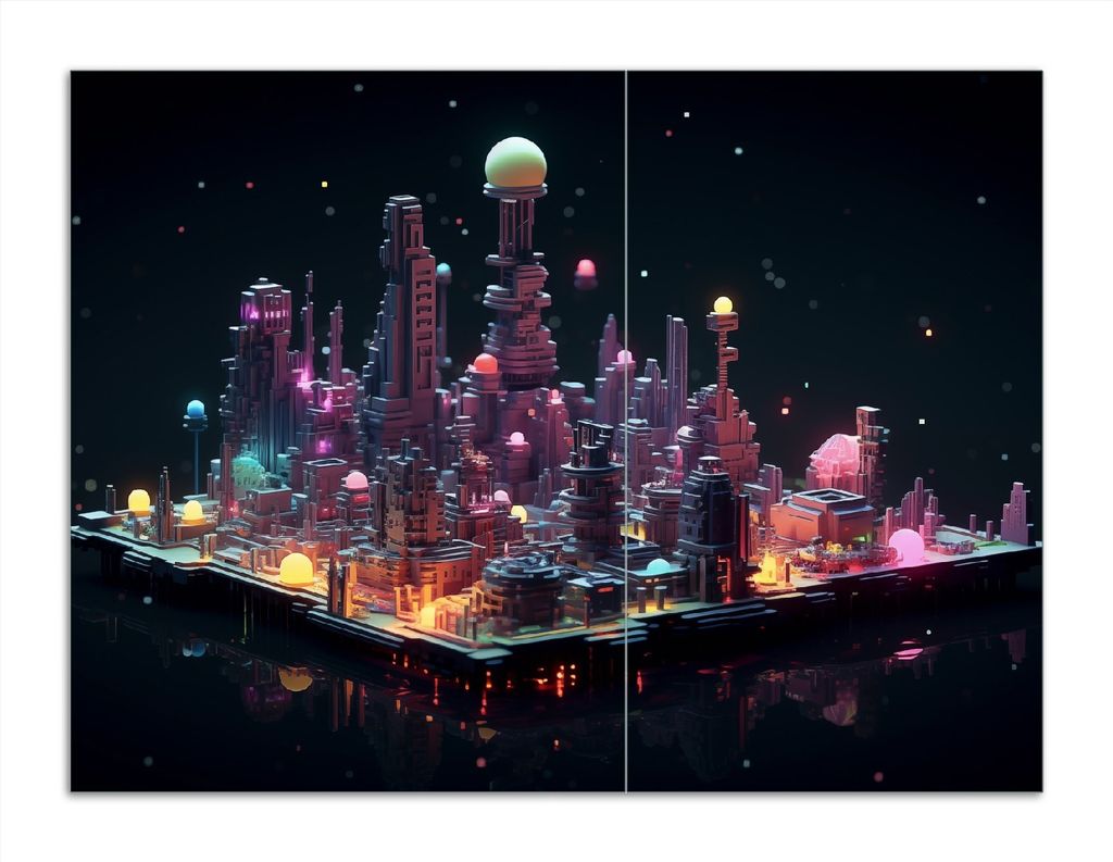 Wallario Herdabdeckplatte aus Glas, Größe 70 x 52 cm 2-teilig, Motiv Pixel-Metropole