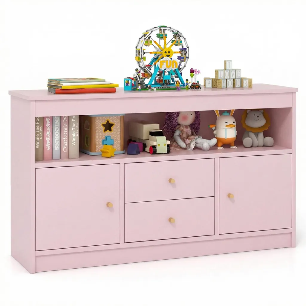 Rangement jouets pour chambre de fille, meuble rose COSTWAY 106x30 cm