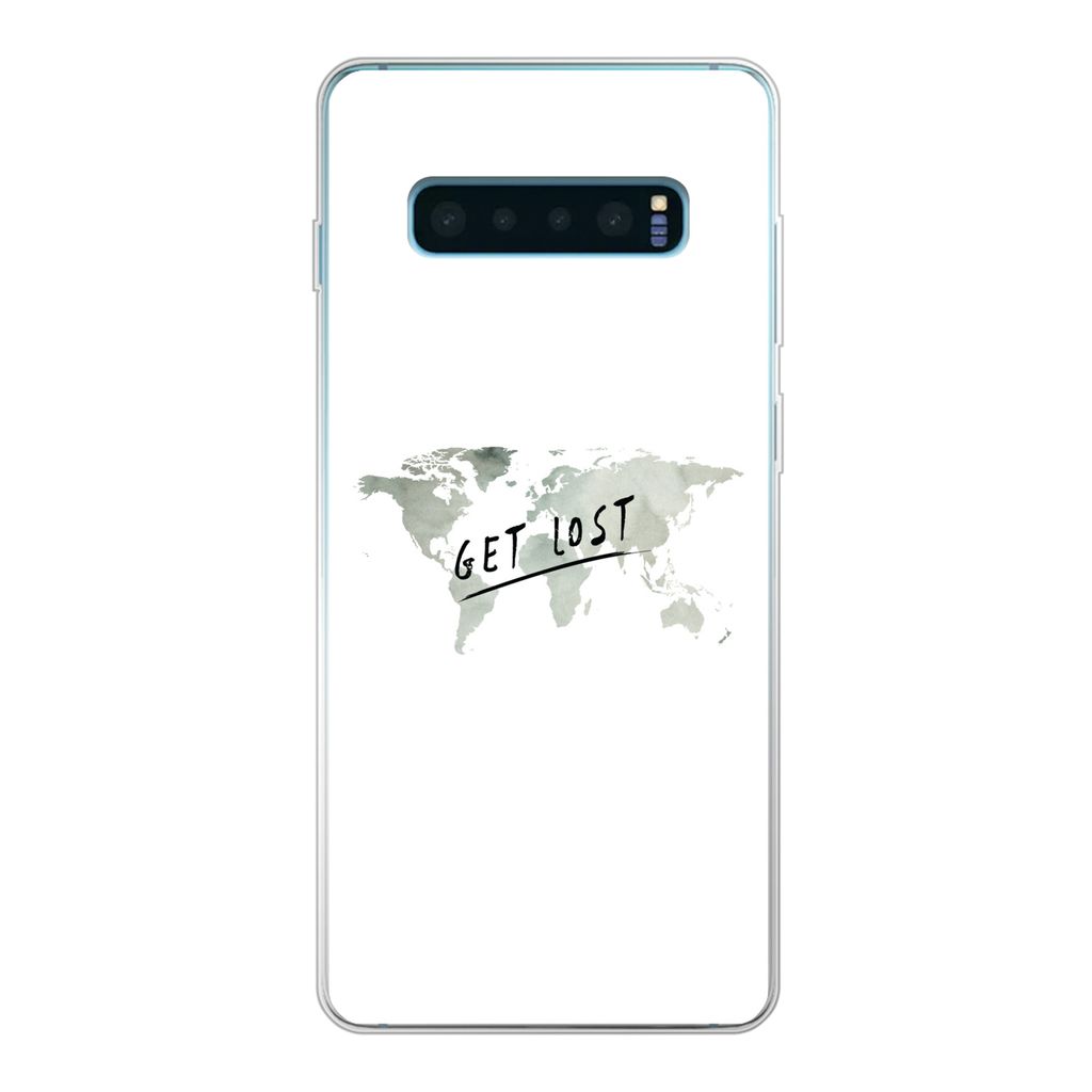 MuchoWow Handyhülle Schutzhülle Hülle für Samsung Galaxy S10 Plus Weltkarte - Grau - Zitat Silikon Softcase Handy Hülle - Schutzhülle