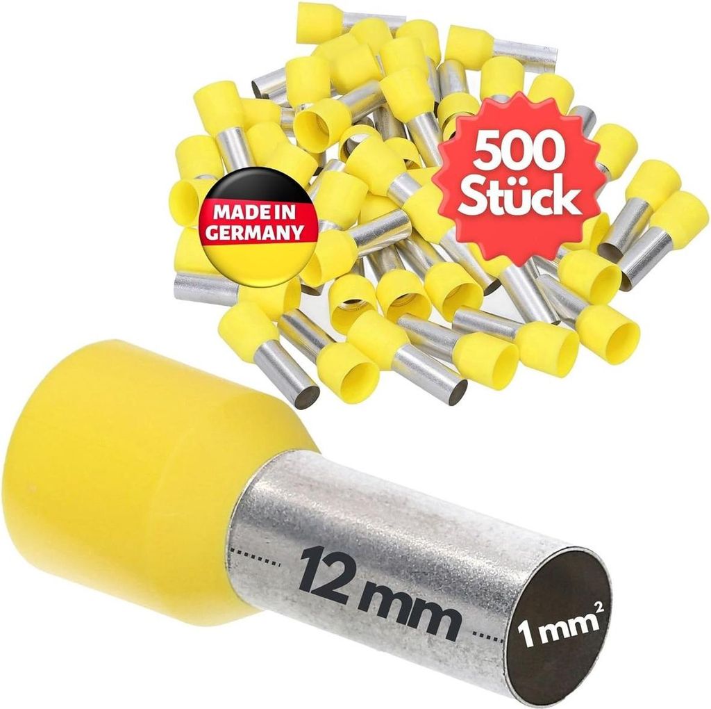 500 Stück Kalitec AE112GE Aderendhülsen isoliert 1,0mm² 12mm lang gelb I Germany I Industriequalität
