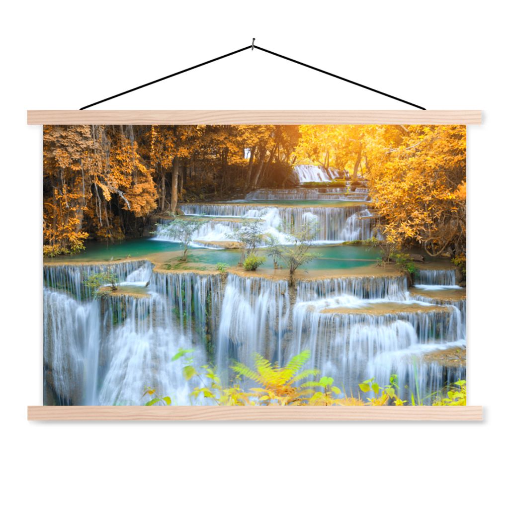 MuchoWow Textilposter Wasserfall - Herbst - Bäume - Braun - Wasser 60x40 cm mit holzfarbenen Rahmen - Bilder