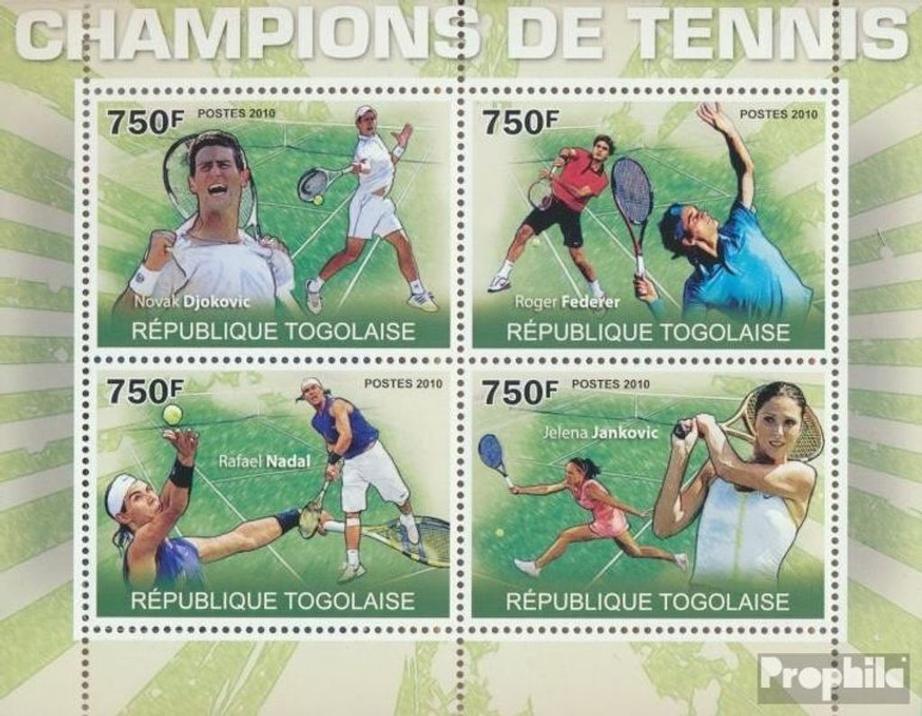 Briefmarken Togo 2010 Mi 3624-3627 Kleinbogen (kompl. Ausgabe) postfrisch Meister des Rasentennis