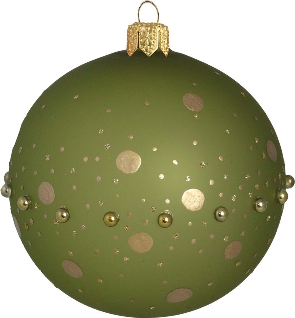 Glasornament in mattgrüner Farbe mit goldenen Perlen und Tupfendekor