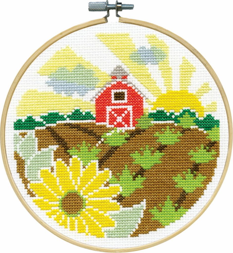Design Works Kreuzstich Stickpackung mit Stickrahmen "Bauernhof", Zählmuster, Diam. 15cm