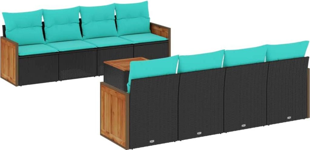 9-teiliges Gartensofa-Set mit Kissen, schwarzes Polyrattan
