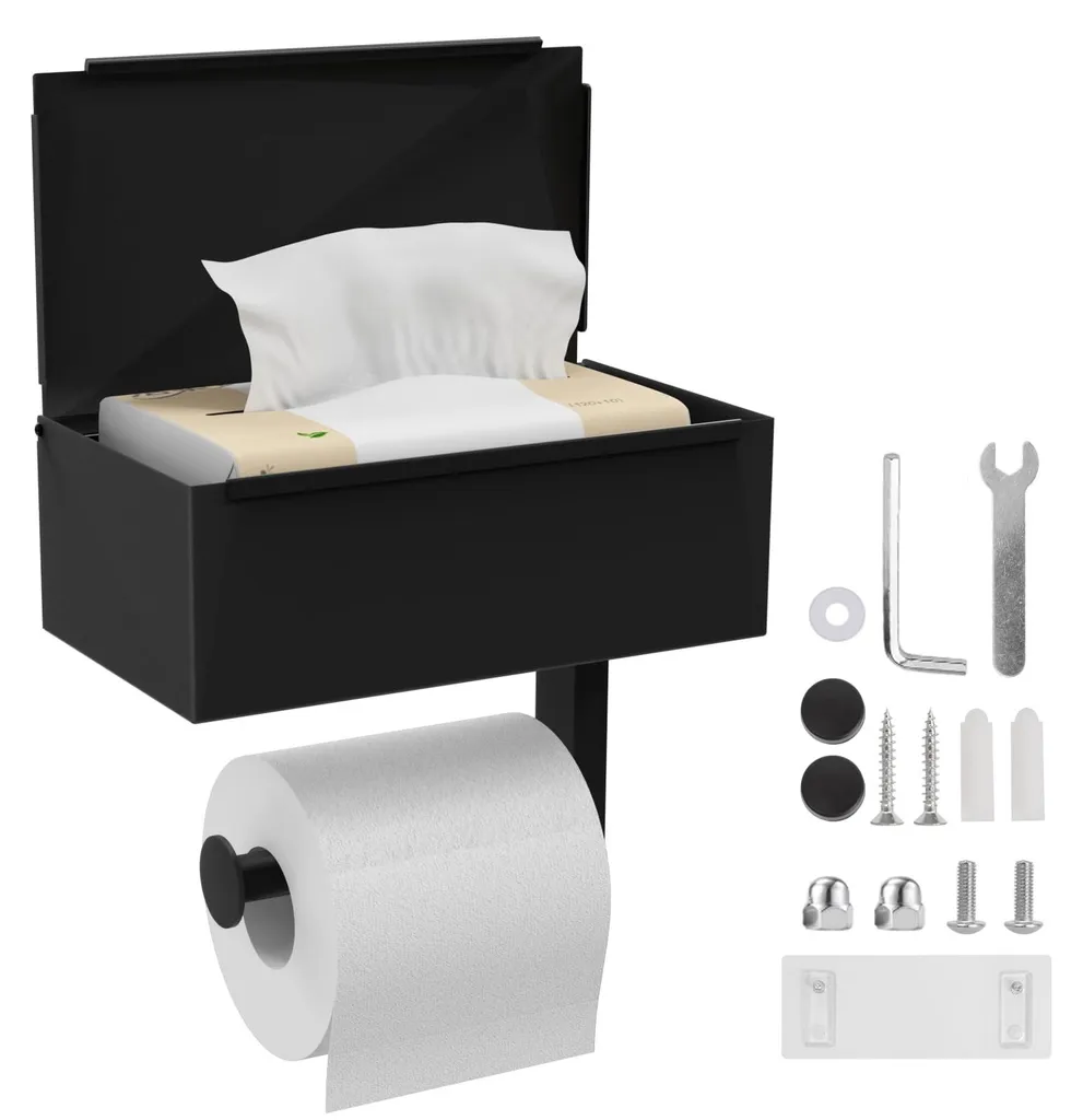 Dérouleur de papier WC 2-en-1 autocollant avec boîte à lingettes noire