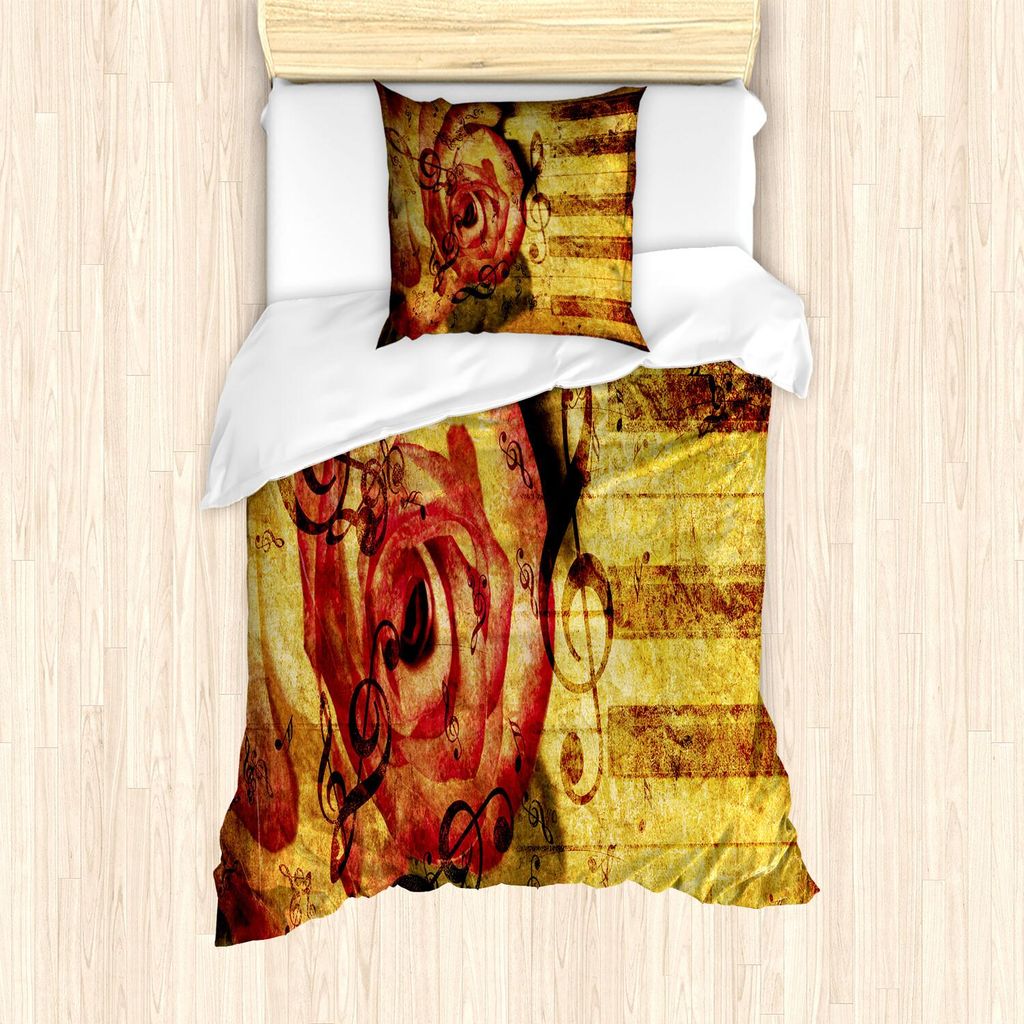 ABAKUHAUS Rose Bettbezug Set, Vintage Hintergrund Mit Klaviertastatur Und Grand Majestic Rose Melodic Love Art Thema, 135 x 200 cm + 80 x 80 cm, Cr...