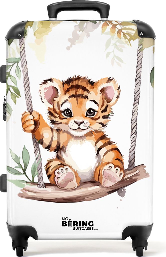 NoBoringSuitcases.com Koffer Mittelgroß 67x43x25 cm, Kinderkoffer Tiere: Tigerjunges auf Schaukel, 60L
