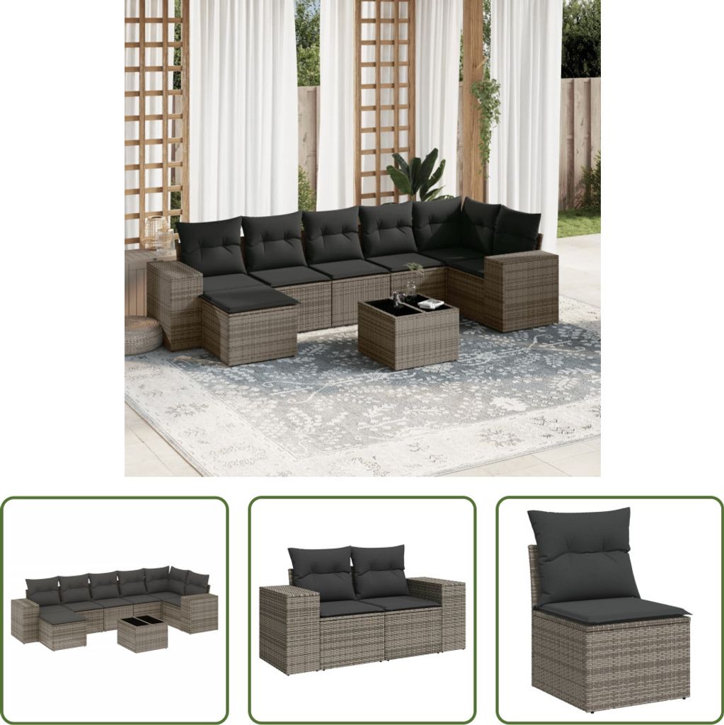 The Living Store 8-tlg. Garten-Sofagarnitur mit Kissen Grau Poly Rattan