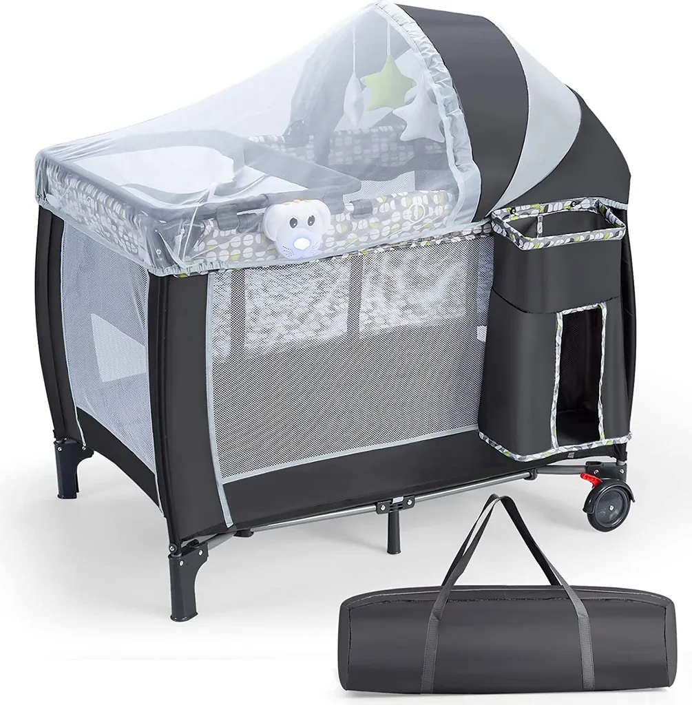 Lit de voyage pliable 3 en 1 COSTWAY avec table à langer et sac gris
