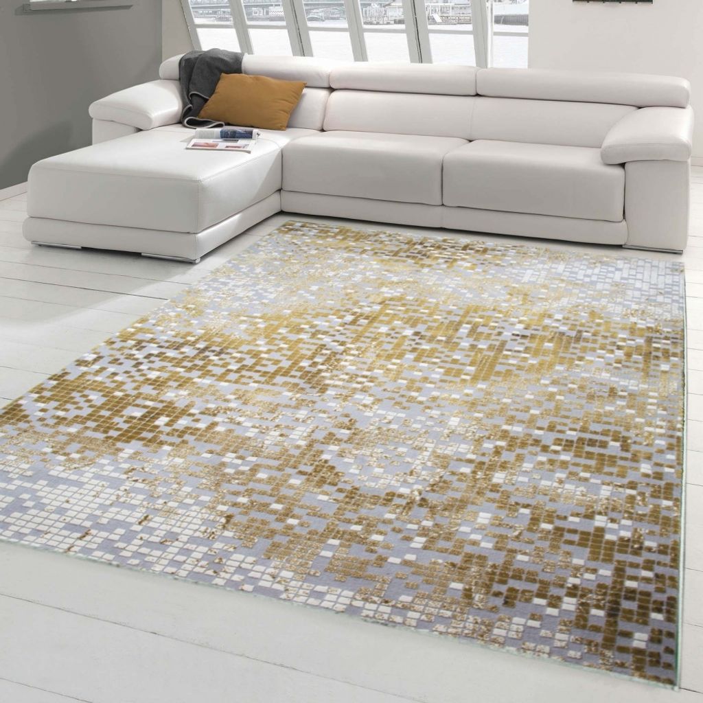 Designer Teppich - Läufer - Moderner Teppich Kurzflor Teppich mit Konturenschnitt Kariert in Grau Senfgelb Creme Größe - 80 x 300 cm