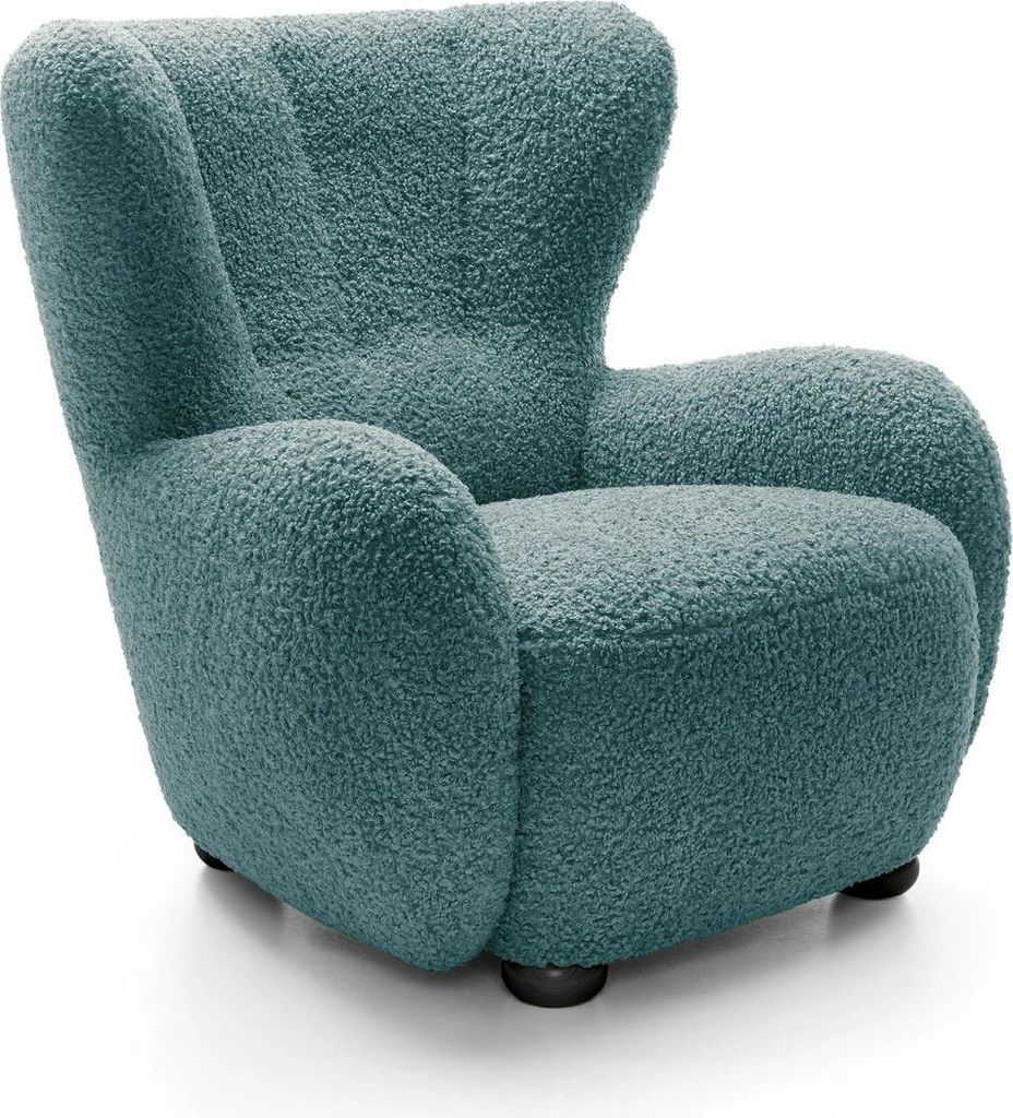 Ohrensessel FILO Rolf 17 Petrol Meerblau Bouclé Teddy Sessel Relaxsessel Fernsehsessel Holzfüße Natur