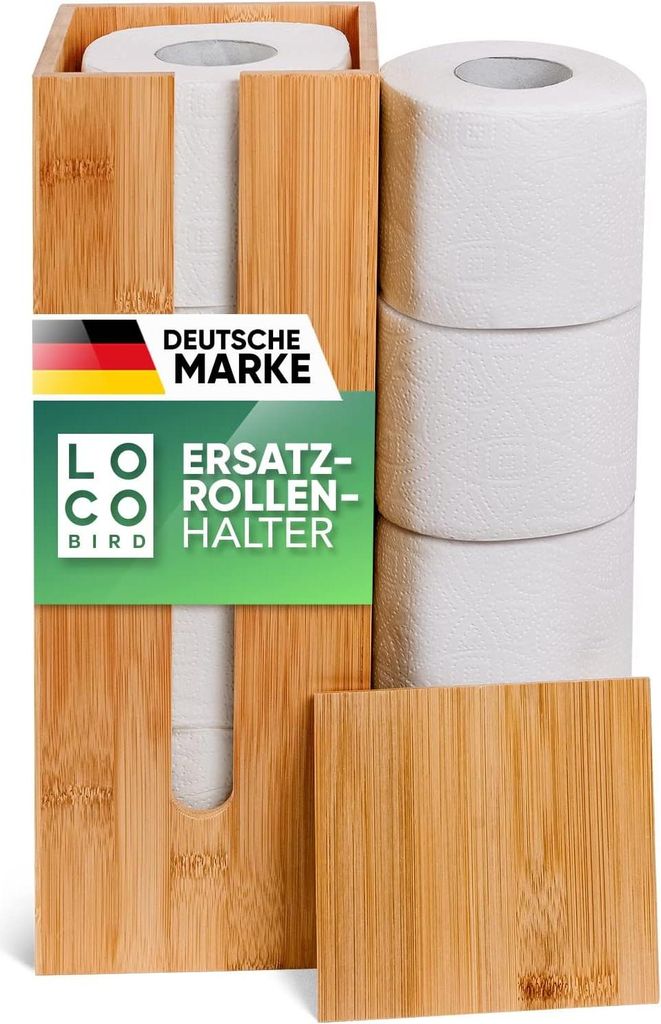 Toilettenpapierhalter für 4 Rollen aus Bambus mit Deckel und Regal - Stehende Reserve-Rollenhalter - Umweltfreundlicher Toilettenpapierkorb