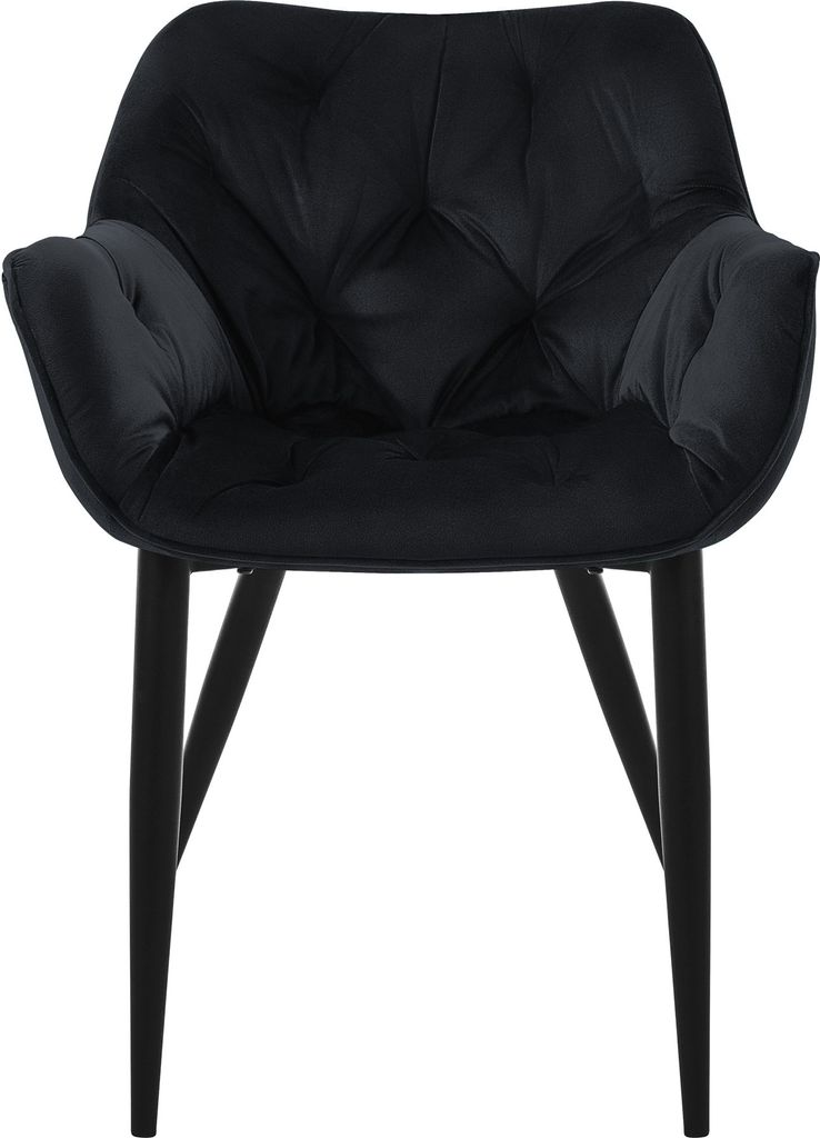 A black velvet dining chair with tufted upholstery and black legs, shown from the front on a white background.