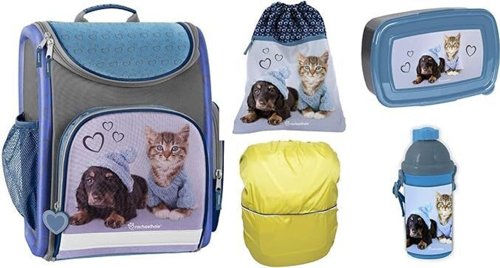 SCOOLSTAR Rahael Hale Welpe Hund und Kätzchen Motiv Schulranzen 1 Klasse Tornister Schulrucksack Set 5 TLG. für Grundschule ergonomisch und anato...