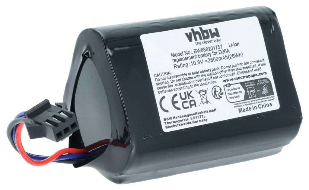 vhbw Akku kompatibel mit Ecovacs D36E, Deebot Slim 10, DA60, DA611, DB35, Deebot Slim 1, D36A, D36B, D36C Staubsauger (2600 mAh, 10,8 V, Li-Ion)