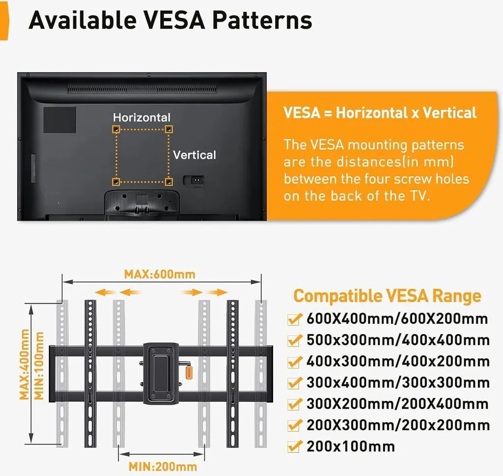 Support TV Mural Inclinable et Pivotant pour Grand Écran LED et LCD
