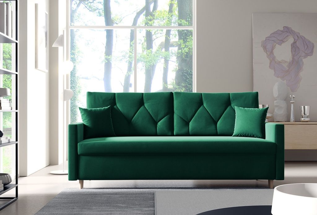 TRIVIO K11 Stilvolles 3-Sitzer Sofa mit dekorativen Kissen, Schlaffunktion und Bettkasten im Stoff Kronos 19 Flaschengrün