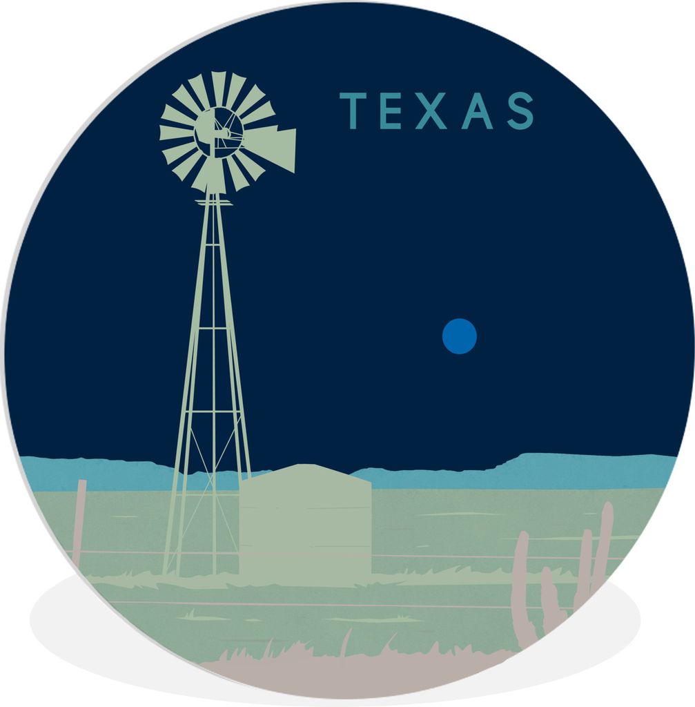 MuchoWow Rundes Wandbild - Runde Bilder Texas - Windmühle - Amerika - Illustration - USA Ø 30 cm Kreis Wanddekoration Kunststoff - Wandkreis - ...