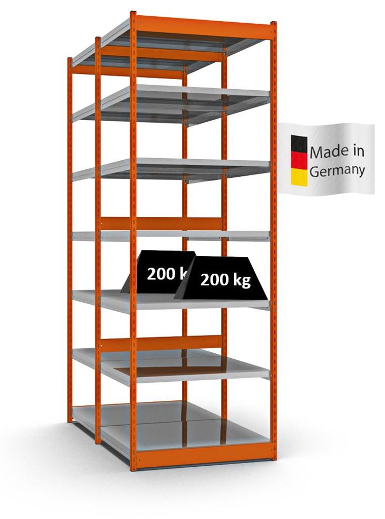 PROREGAL Fachbodenregal Stecksystem Vierkant-Profil MAGNUS Germany | HxBxT 300x102,5x80cm | 2x7 Ebenen | Fachlast 200kg | Orange/Verzinkt