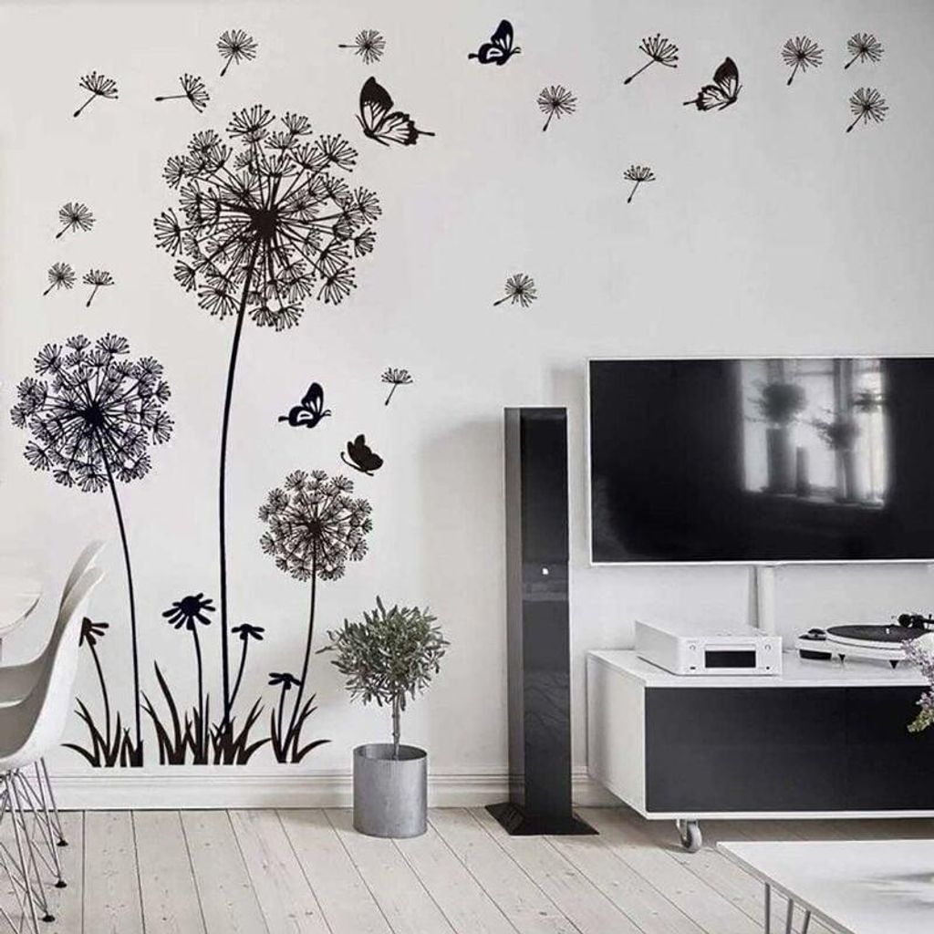 Wandtattoo mit schwarzer Löwenzahnblüte (150 x 114 cm) | Schmetterling, Pflanzen, Zweig, Baum | Wandtattoo für Wohnzimmer, Schlafzimmer, Küche,...