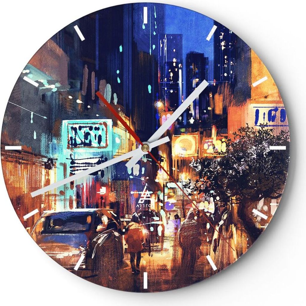 Wanduhr - Rund - Glasuhr - Auto Menschen Restaurant Nachtleben - 40x40cm - Schleichendes Uhrwerk - Lautlos - zum Aufhängen bereit - Dekoration Mod...