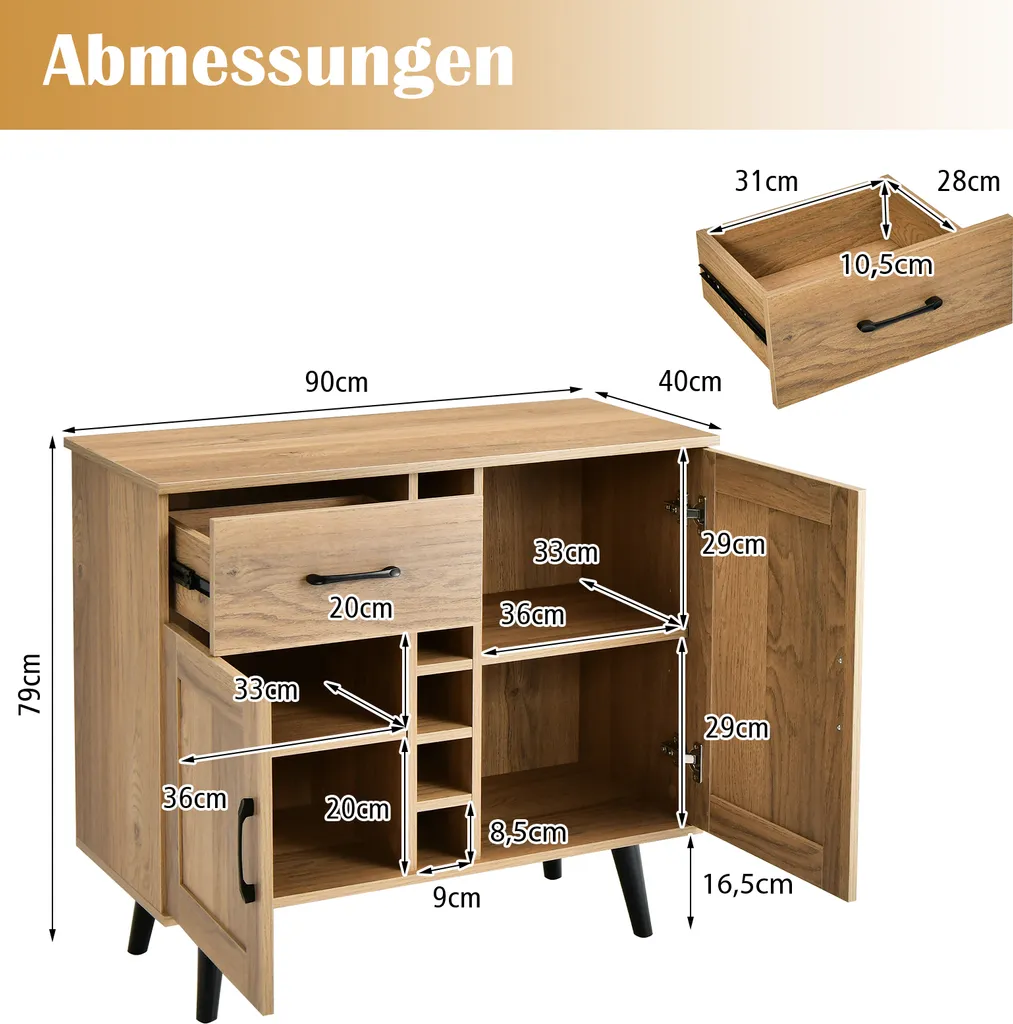 Buffet avec étagères réglables et casier à vin, commode mobile naturelle