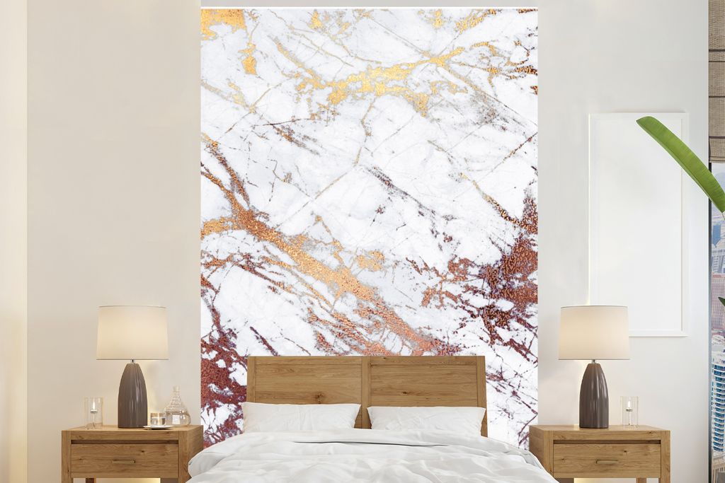MuchoWow Fototapete für Wohnzimmer oder Schlafzimmer Wandtapete Vinyl Motivtapete Marmor - Weiß - Gold - 170x260 cm - Wohnzimmertapete