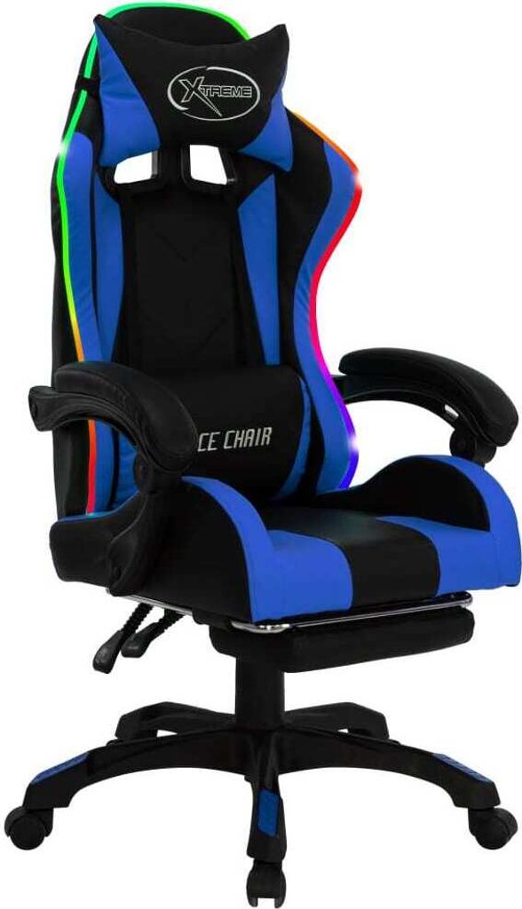 "SALE 2026"Gaming-Stuhl/Schreibtischstuhl, ergonomisch, Chefsessel - mit RGB LED-Leuchten Blau und Schwarz Kunstleder - Bürostuhl 150kg DE1898720
