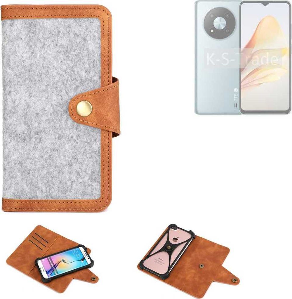K-S-Trade Handyhülle kompatibel mit ZTE Voyage A41 5G Schutzhülle Filz-Hülle Kunst-Leder hellgrau braun (1x)