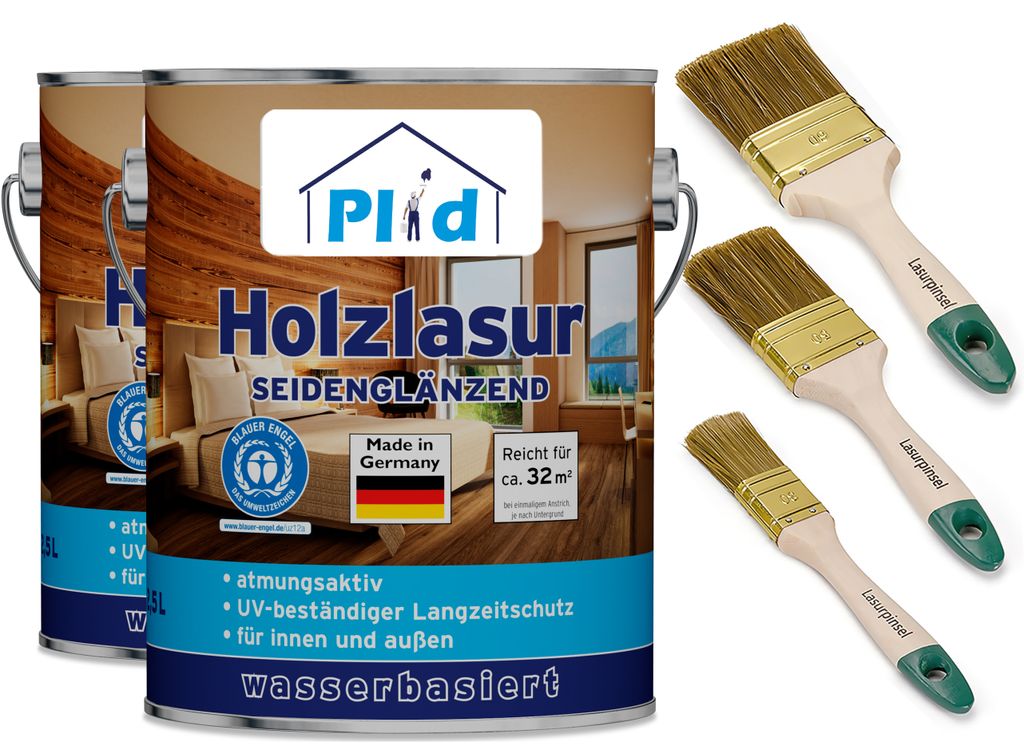 Plid Holzlasur Innen & Aussen Teak 2,5L+ Lasurpinselset 3 tlg. / Holzschutzlasur Außen mit UV beständigem Langzeitschutz- Grundierung Holz Außen