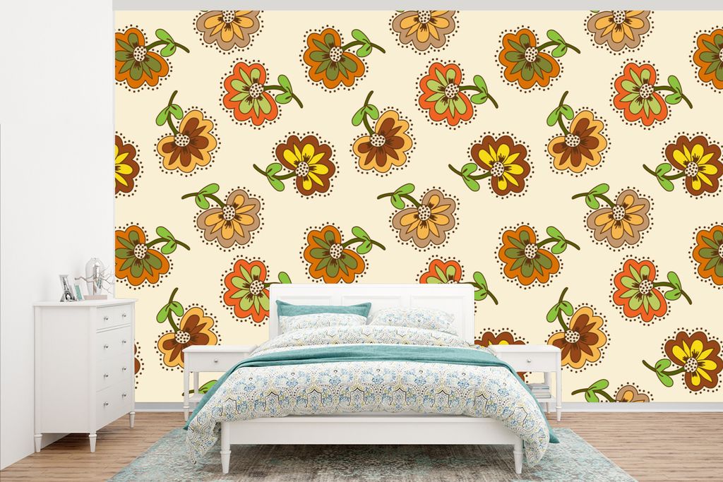 MuchoWow Fototapete für Wohnzimmer oder Schlafzimmer Wandtapete Vinyl Motivtapete Design - Blumen - Retro - Vintage - 405x260 cm - Die Küche