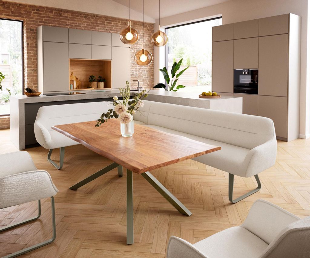 DELIFE Esszimmerbank Taya-Flex 285x190 cm Bouclé Creme-Weiß Kufengestell flach Effektfinish Titan Taschenfederkern Rechts