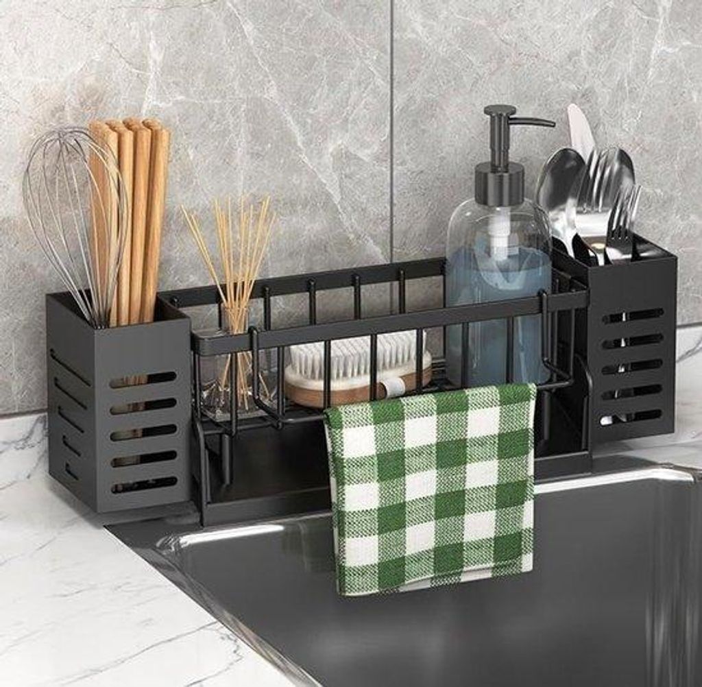 Metallischer Küchenkommode mit Regenschutz, inklusive Geschirrhalter und Schrank, kann an der Wand montiert werden (schwarz)