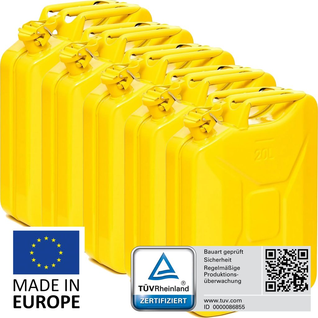 BW Kraftstoffkanister Metall Benzinkanister 5x 20 Liter - Gelb RAL 1018 - UN-Zulassung - Hergestellt in Europa
