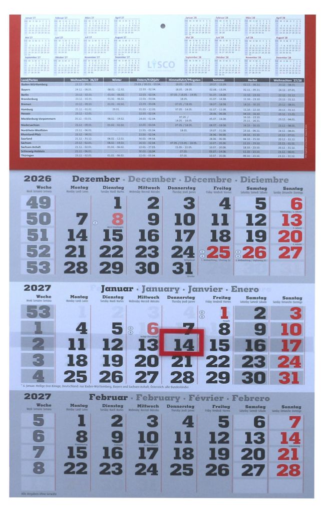 3 Monats Wandkalender 2027 mit Datumschieber in Rot, inkl. Produktbild 
