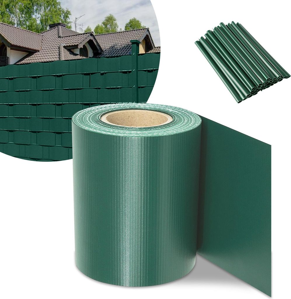 Izrielar 1 Rollen PVC Sichtschutzstreifen 50m x 19cm Sichtschutzfolie mit 40 x Befestigungsclips für Gartenzaun, Balkon Grün