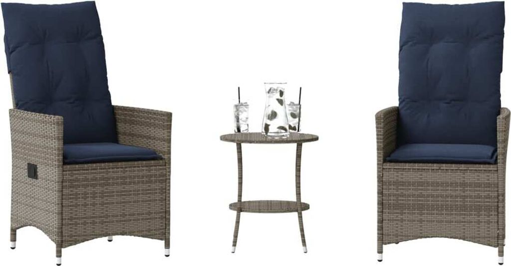 3-teiliges Bistro-Set mit Kissen Grau Poly Rattan, Gartenmöbel-Sets DesignMöbel Neu