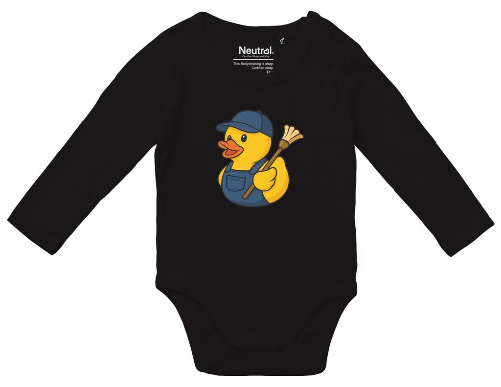 Huuraa Baby Body Quietscheente Hausmeister Comic Gummiente 80 Black Baumwolle Fairtrade Langarmbody Geschenkidee