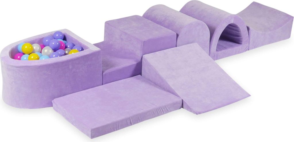 Der größte Schaumstoff-Spielplatz mit einem Pool aus Mikro-Velvet Soft Purple + 100 Bälle: Rosa, Heidekraut, Gelb, Hellblau, Opaleszenz