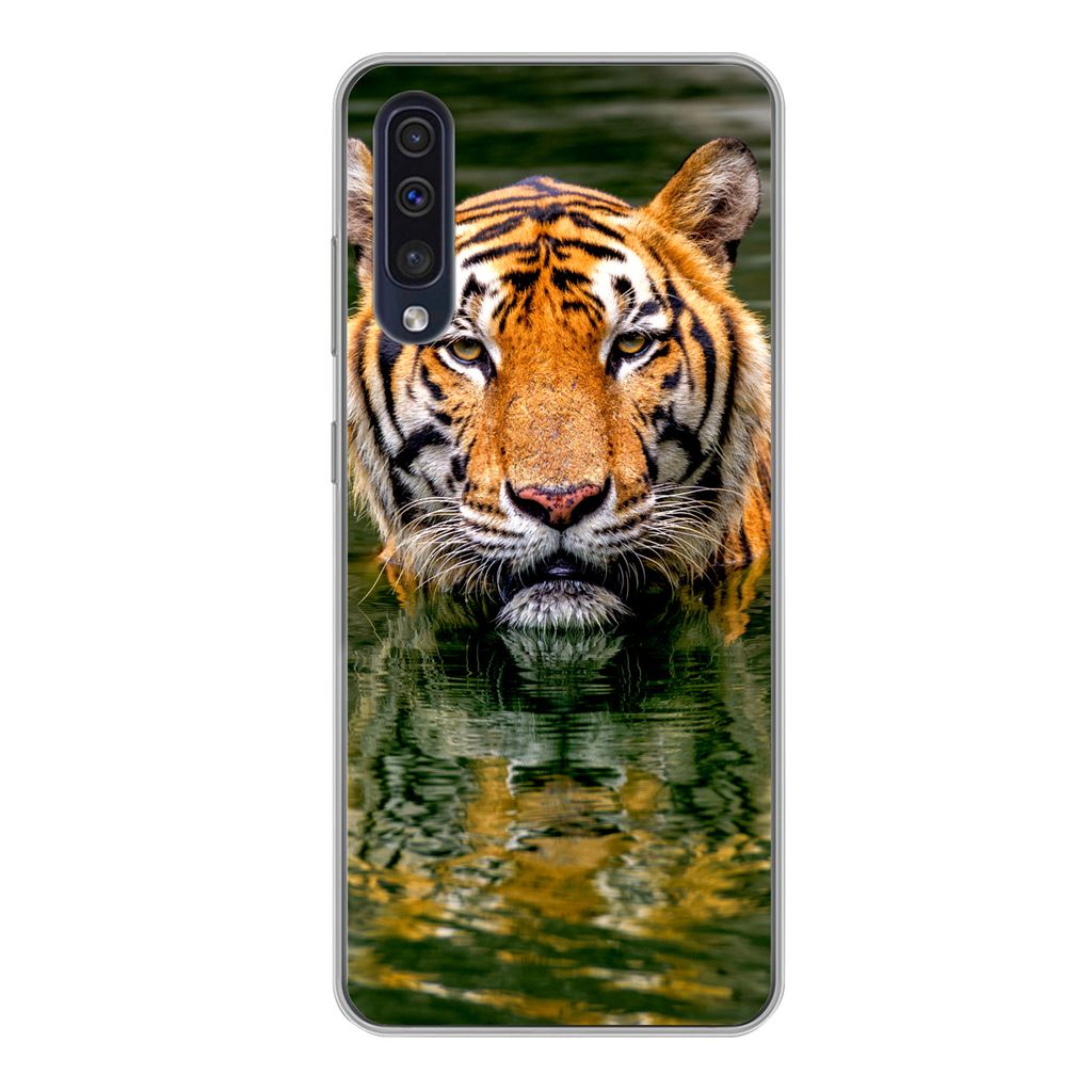 MuchoWow Handyhülle Schutzhülle Hülle für Samsung Galaxy A50 Tiger - Wasser - Spiegelung Silikon Softcase Handy Hülle - Mobiltelefonhülle
