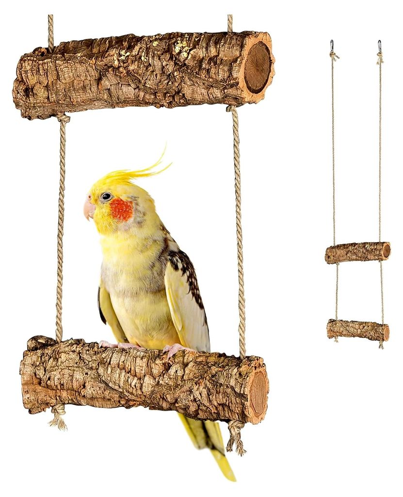 Vogelschaukel aus Naturkork mit Vollholz-Sitzstangen und Korkrinde, gereinigt und desinfiziert, Spielzeug für Vögel und Nager