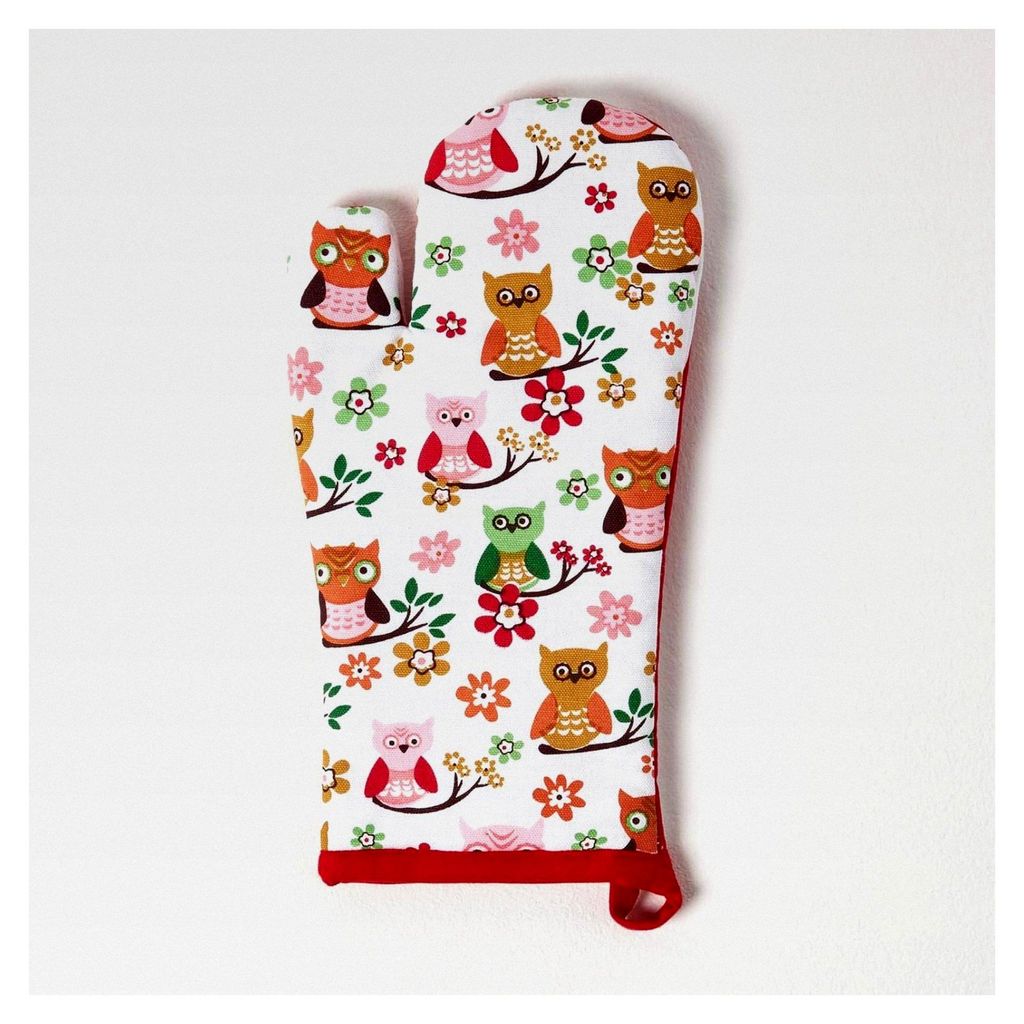 Ofenhandschuh Eule, rot orange weiß, ca. 18 x 32 cm, Topfhandschuh aus 100% Baumwolle mit Polyesterfüllung, waschbar.