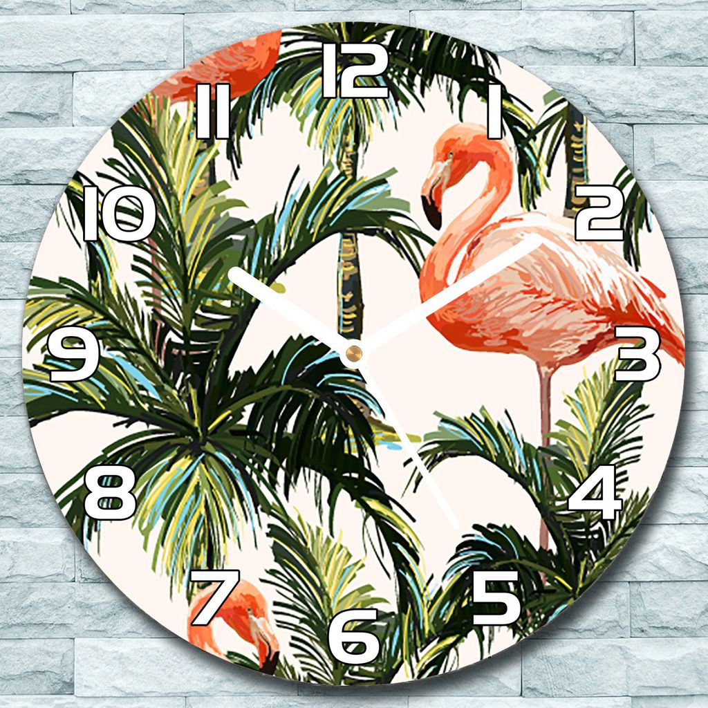 Wanduhr aus Glas Rund fi 30 Flamingo und Palmen Quarz Deko Schlafzimmer Büro