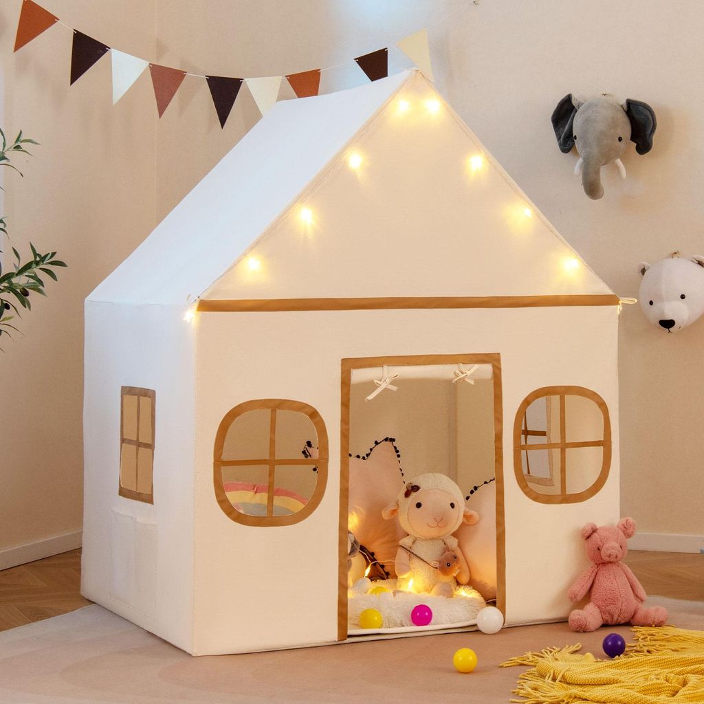 COSTWAY Spielhaus Kinder Indoor, Kinderzelt mit Sternlichter, Gepolsterte Matte, Türvorhang & Fenstern, Spielzelt, Kinderspielhaus für Kinder 3 J...