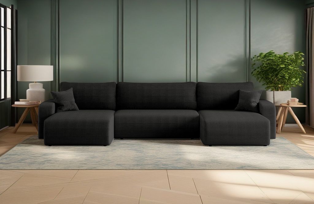 Kaiser Möbel Ecksofa mit schlaffunktion und bettkasten, Sofa U-form, Couch U-form MILANO Dicker Cord Schwarz