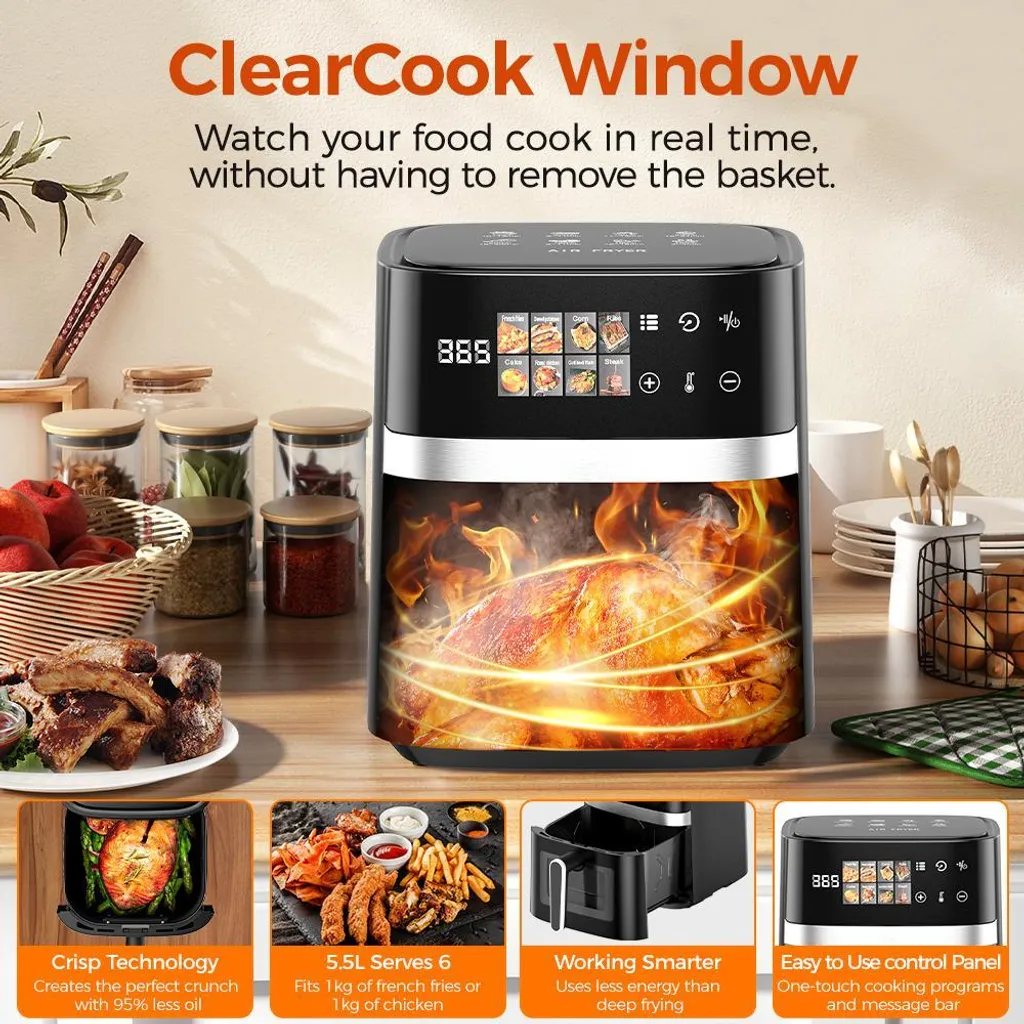 Friteuse sans huile 8-en-1 - Capacité 5L, Noir, Écran LED, Rapide & Sain