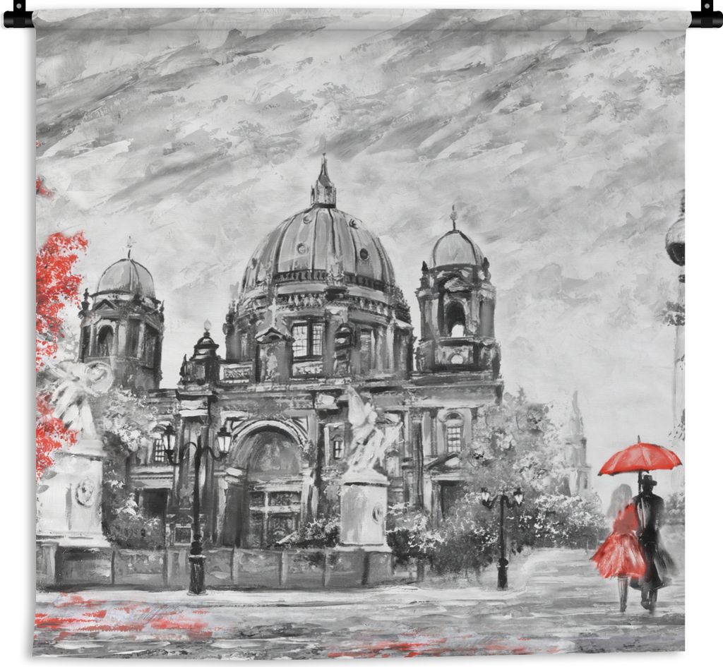 MuchoWow Wandteppich Wandbehang Malerei - Architektur - Baum - Rot 90x90 cm Tapisserie Dekoration Wandtuch - Wandaufhänger