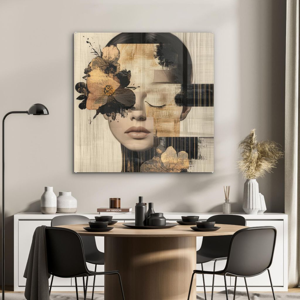 MuchoWow Glasbilder - Bilder auf Wandbild - Foto auf Glas Gesicht - Blumen - Schwarz - Frau 90x90 cm Wanddekoration aus Glas - Acrylglasbild - Acry...