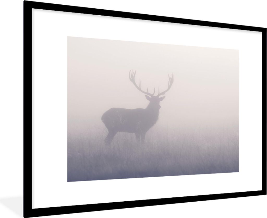 MuchoWow Gerahmtes Poster Hirsche - Nebel - Morgen 90x60 cm - Poster mit Schwarzem Bilderrahmen Wandposter Rahmen Foto Bilder - Wanddekoration - ...